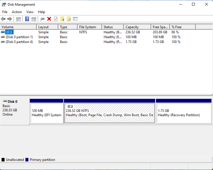 windows 11 disk management 250GB SSD