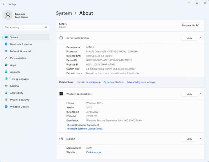 windows 11 system about MINI S
