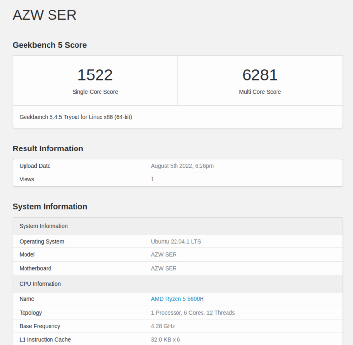 AMD Ryzen 5 5600H ubuntu 22.04 geekbench 5 cpu