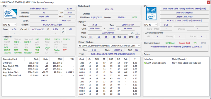 AZE U59 Intel Celeron N5105 GPU windows 11 hwinfo