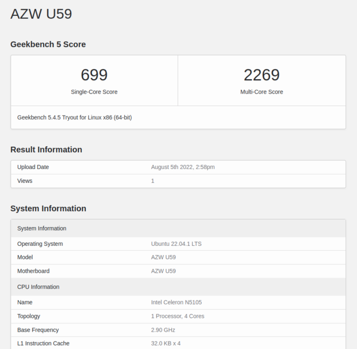 AZW U59 ubuntu 22.04 geekbench 5 cpu