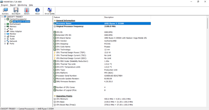 HWInfo64 AMD Ryzen 5 3550H processor