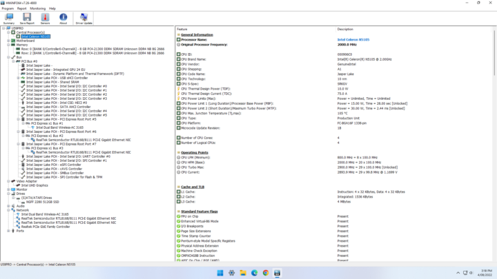 HwINFO64 windows 11 Intel Celeron N5105 configuration