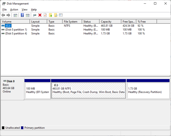 Windows 11 500GB disk management