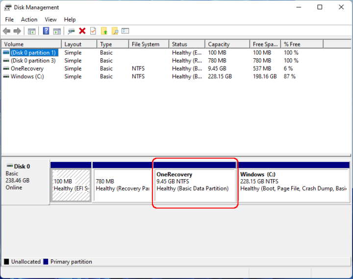 Windows 11 partition issue OneRecovery