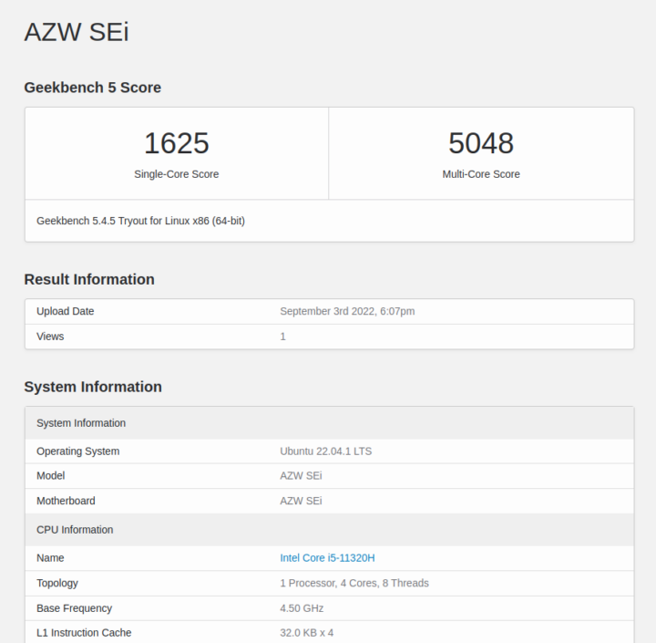 Beelink SEi11 Pro Ubuntu Geekbench 5 CPU score