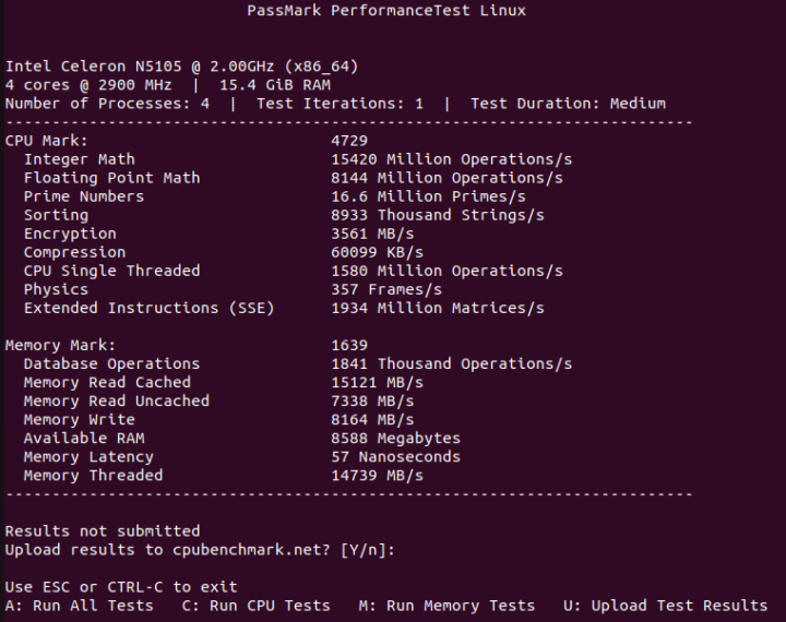 Intel Celeron N5105 Ubuntu 22.04 CPU PassMark