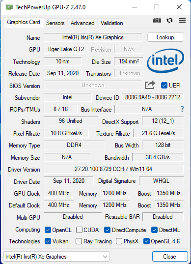 TechPowerUp GPU-Z Tiger Lake GT2