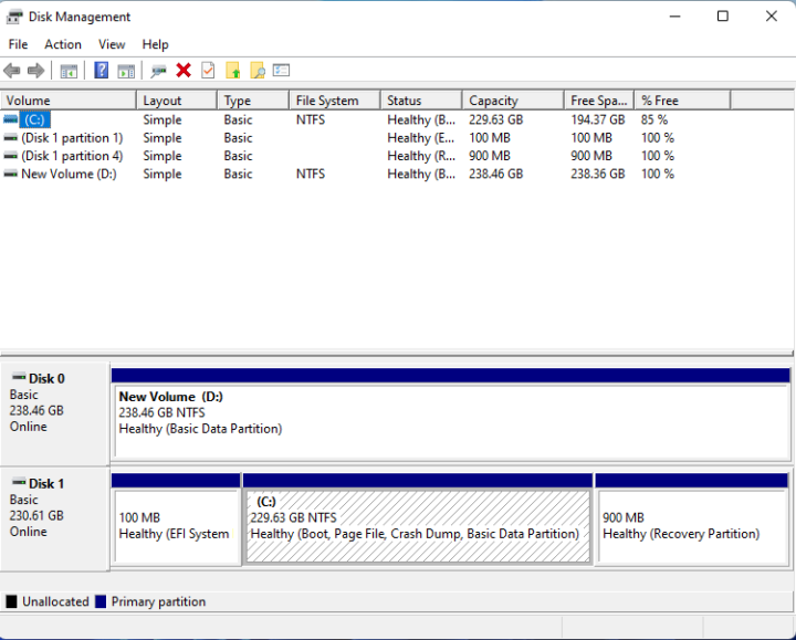 Windows 11 Disk Management 229.63GB SSD