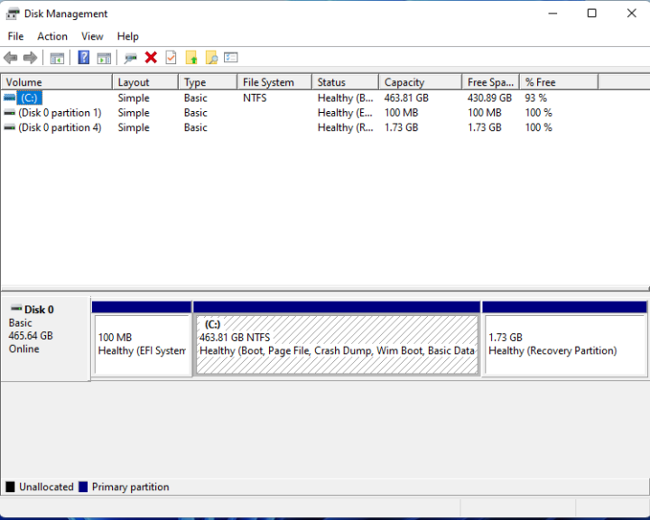 Windows 11 disk management 500GB NTFS SSD