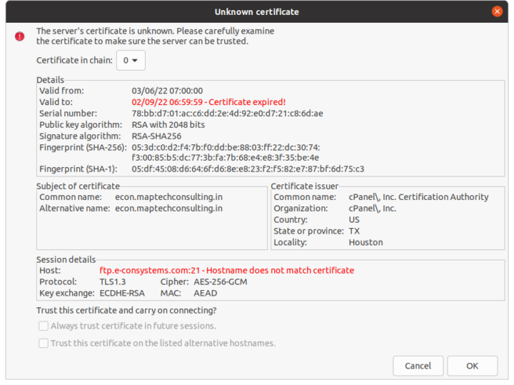 e-con systems unknown certificate