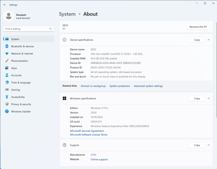 Beelink SEi12 Windows 11 System Info
