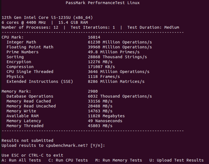 Ubuntu 22.04 Intel Core i5-1235U CPU Passmark