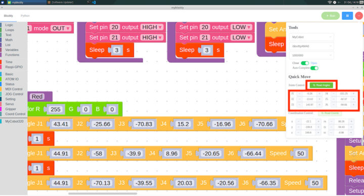 myCobot 280 Pi MyBlockly Read Angles