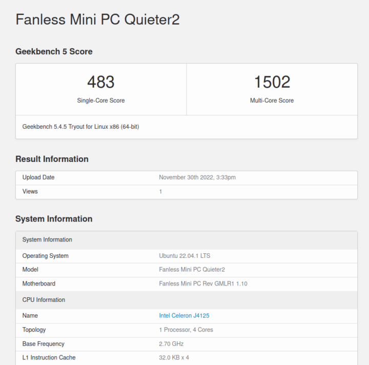 MeLE PCG02 Review Ubuntu 22.04 J4125 Geekbench 5 CPU 1