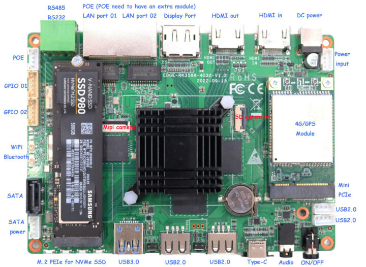 Rockchip RK3588 motherboard with 4G LTE module and M.2 NVMe SSD