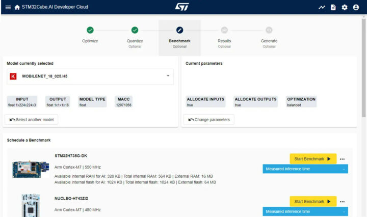 AI model benchmarked cloud hosted STM32 boards