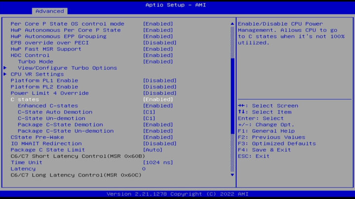 Aptio Setup C states