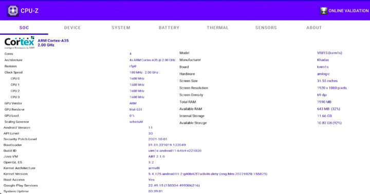 Khadas VIM1S (kvim1s) CPU Z