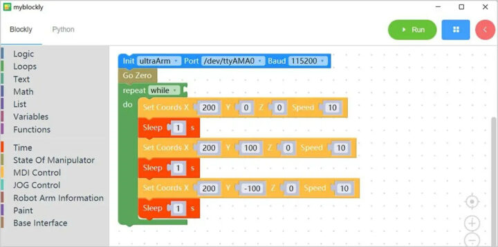 myBlockly screenshot ultraArm