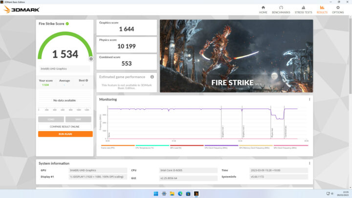 Core i3-N305 3Dmark benchmark Fire Strike