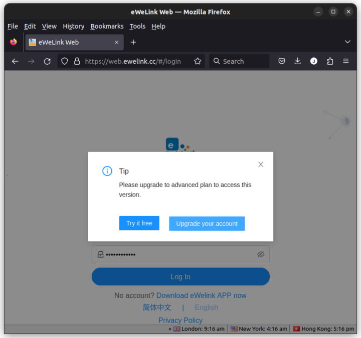 Ewelink Web Please Upgrade to Advanced Plan