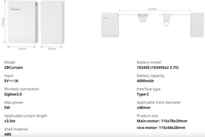 SONOFF Zigbee Smart Curtain Motor (ZBCurtain) - Specification