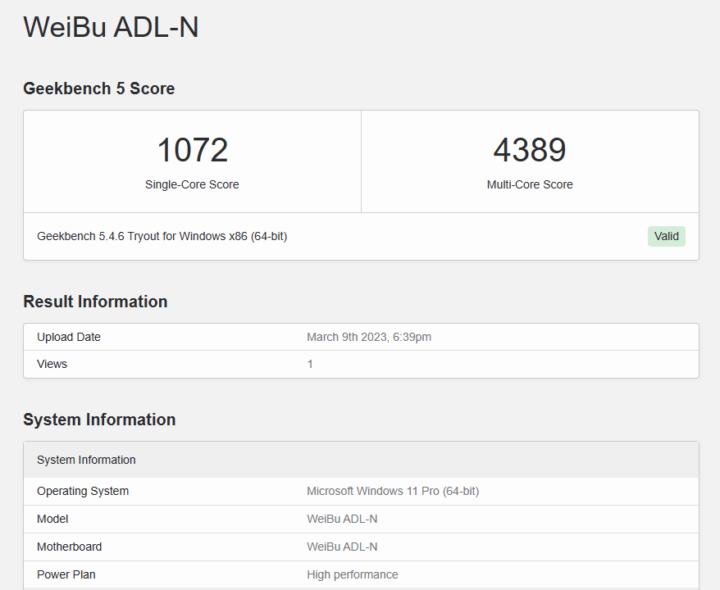 WeiBu ADL-N Geekbench 5 Score