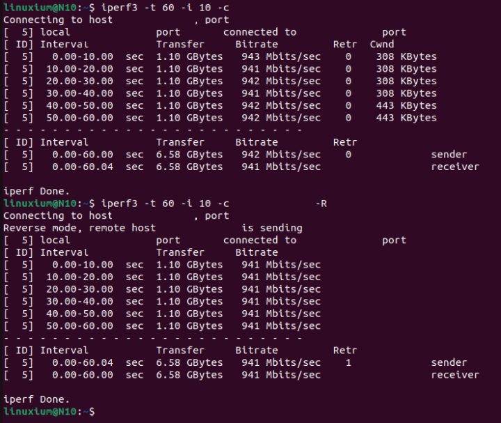 Weibu N10 iperf3 Ubuntu 22.04 Gigabit Ethernet