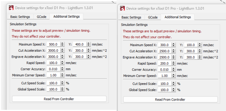 xTool D1 Pro LightBurn Settings