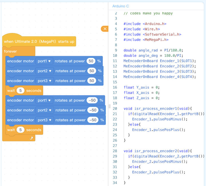 Makeblock Ultimate 2.0 mBlock 5 Visual Programming Arduino C