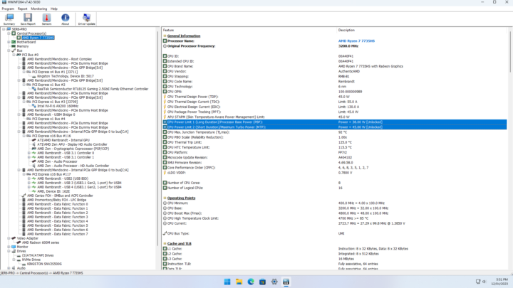 AMD Ryzen 7 7735HS CPU Power Limit 1 Limit 2