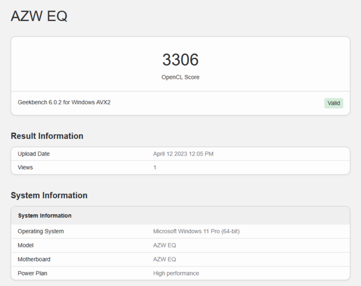 AZW EQ Geekbench 6 OpenCL benchmark