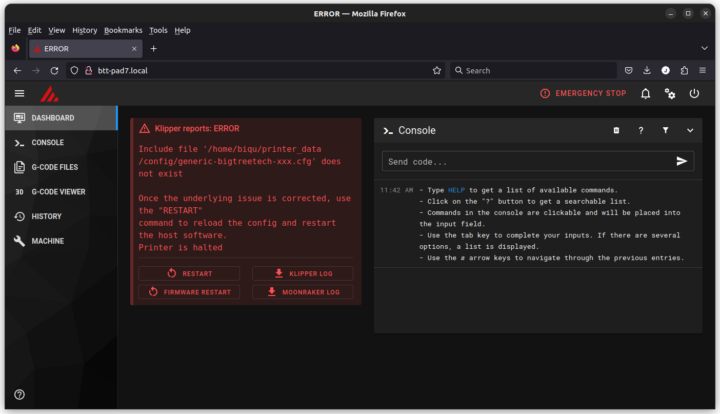 BTT Pad 7 web dashboard Klipper error