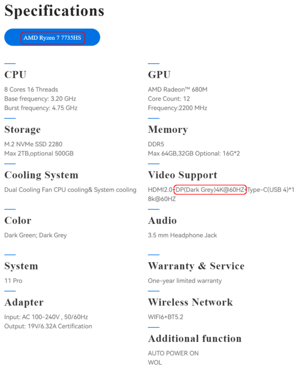 Beelink SER6 Pro 7735HS specifications