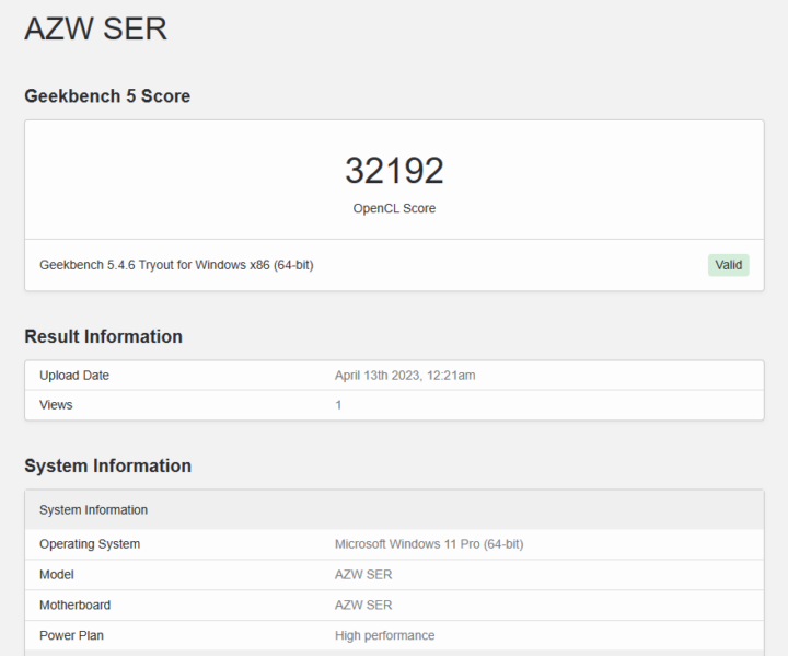 Geekbench 5 OpenCL GPU performance eGPU