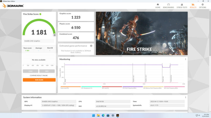 Intel Processor N100 3DMark Fire Strike Benchmark