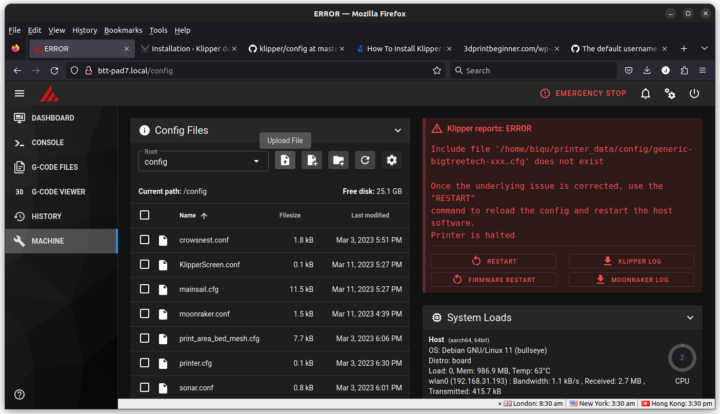 Klipper MACHINE Upload config file