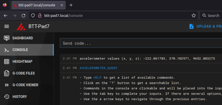 Klipper console check accelerometer working