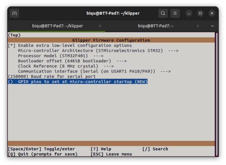 Klipper firmware configuration STM32F401