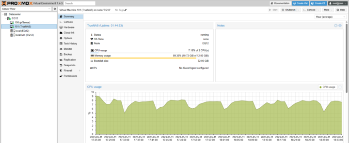 Promox TrueNAS summary CPU usage