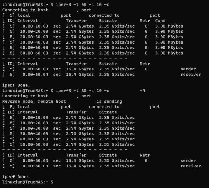 RTL8156BG adapter TrueNAS iperf3 benchmark