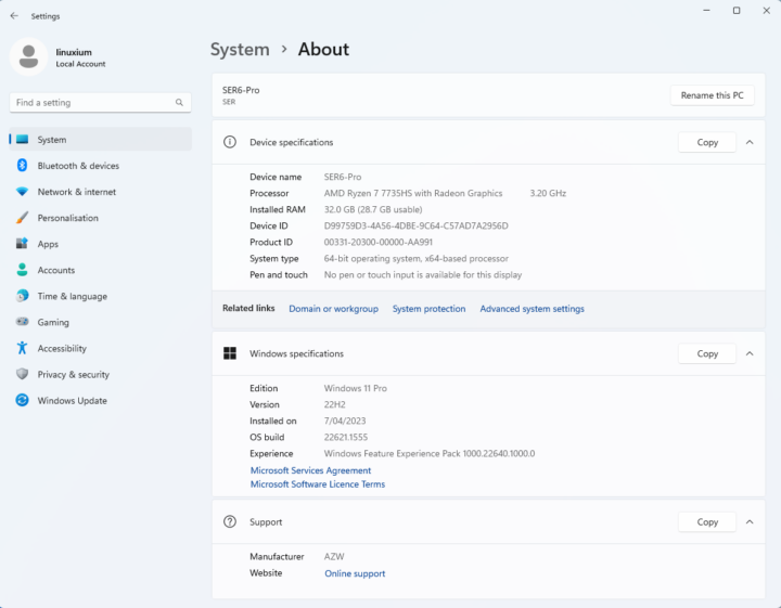 SER6 Pro Ryzen 7 7735HS Windows 11 About