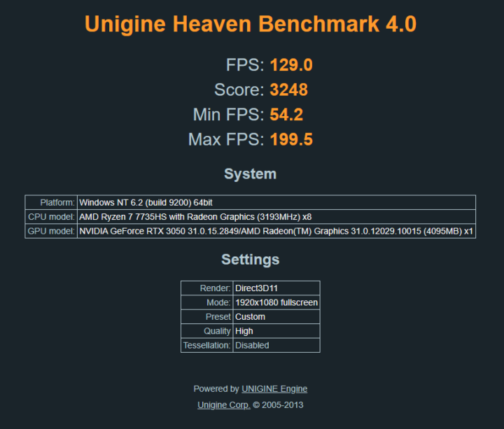 Unigine Heaven Benchmark 4.0 Ryzen 7 7735HS GeForce RTX 3050