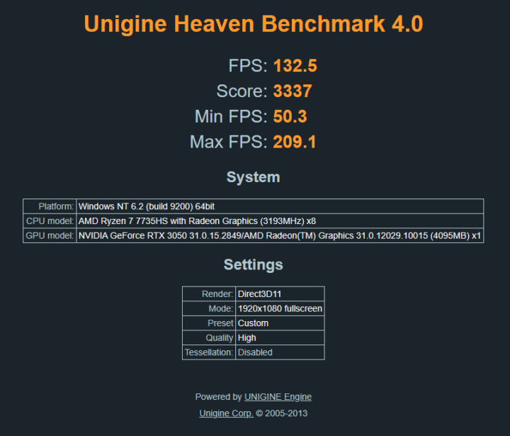 Unigine Heaven Benchmark 4.0 Ryzen 7 7735HS GeForce RTX 3050 eGPU Thunderbolt 4