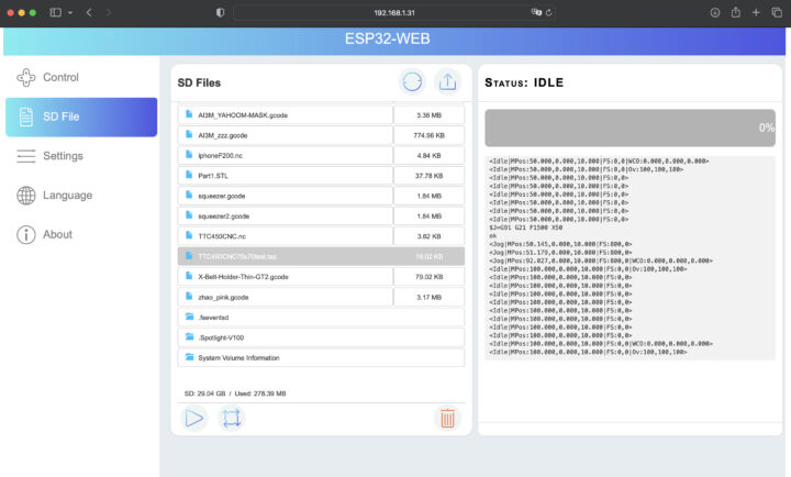 WebUI SD Files CNC router