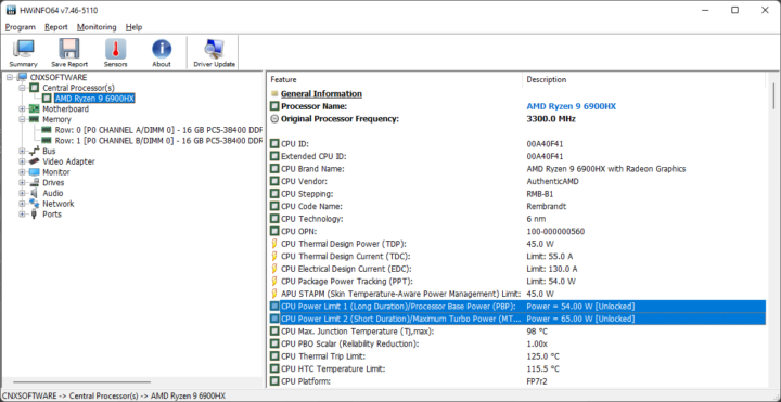 GEEKOM AS 6 AMD Ryzen 9 6900HX PL1 PL2 power limits