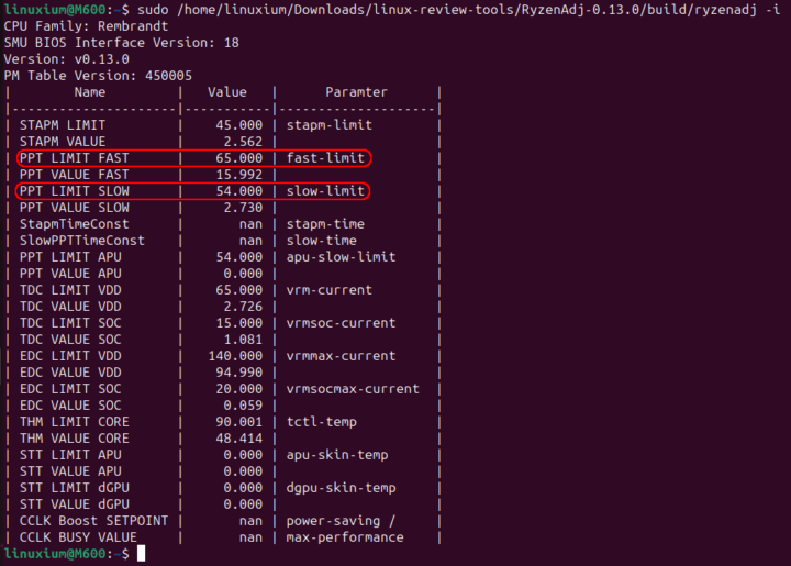 Morefine M600 6900HX Power Limits Ubuntu 23.04