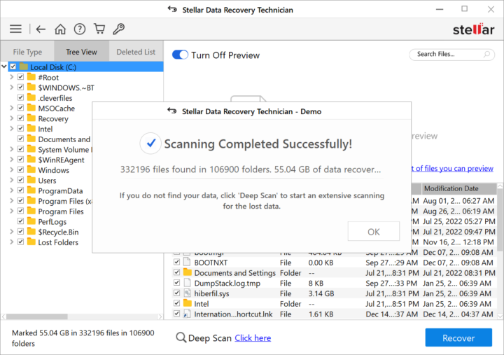 Stellar data recovery technician scanning completed