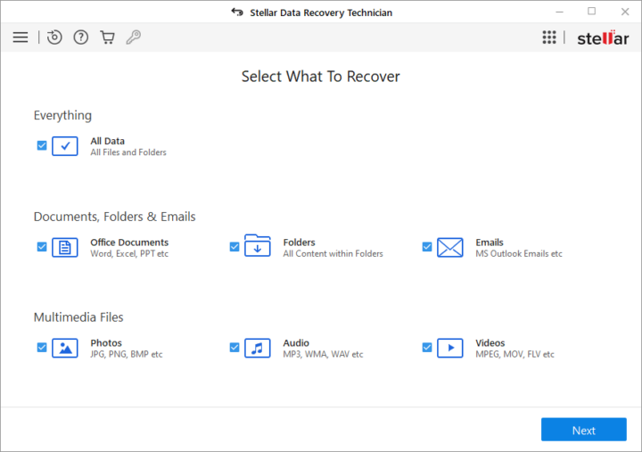 Stellar data recovery technician select data type